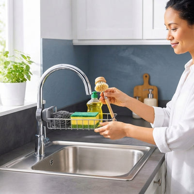 A woman organizing a modern sink caddy on a clean charcoal countertop in a bright, minimalist kitchen.