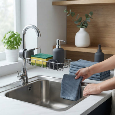 A person organizing a modern kitchen sink with a sleek caddy, featuring slate blue and charcoal kitchen accessories.