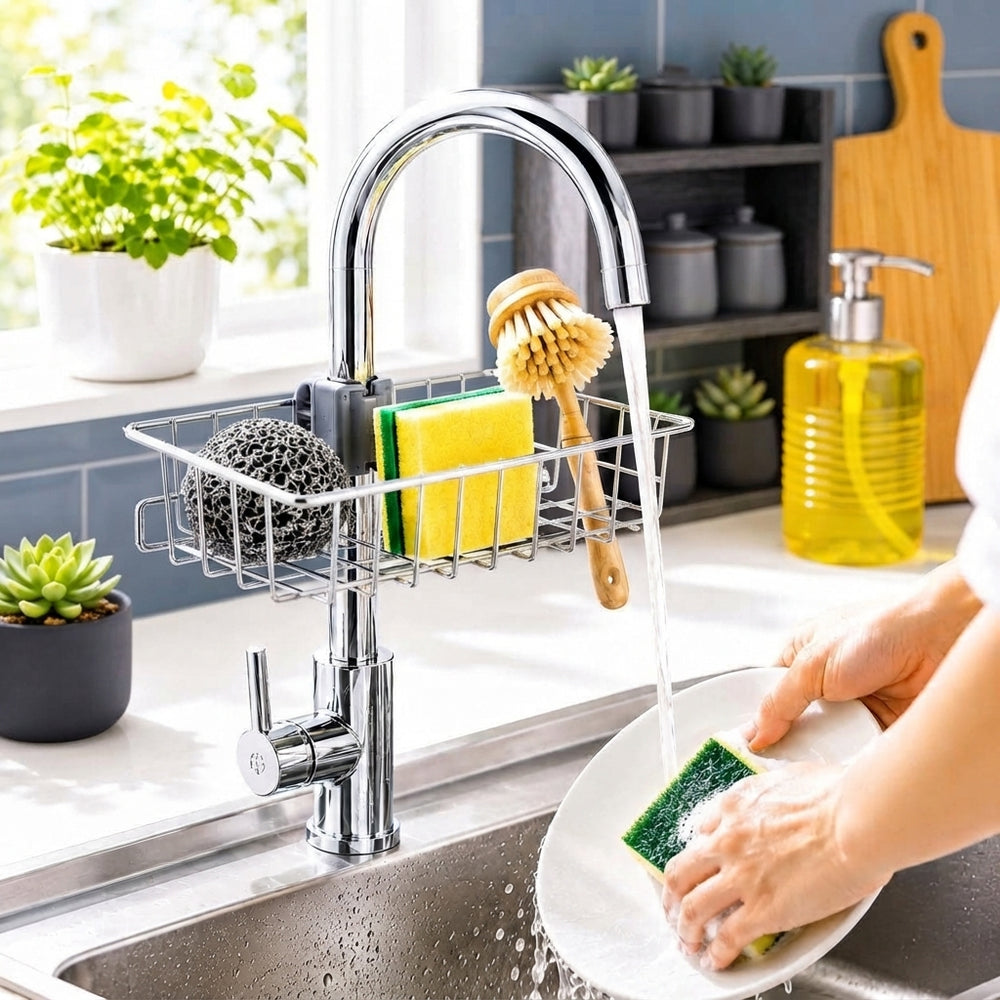 A sink caddy holding a sponge and scrubber on a kitchen countertop next to a sink, with slate blue and charcoal decor nearby.
